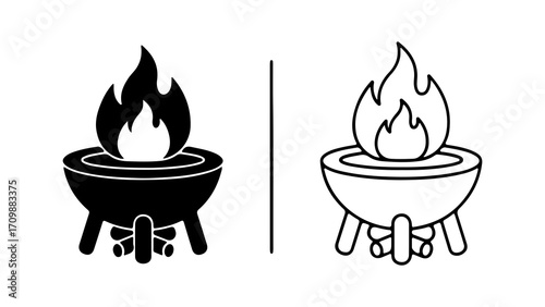 Black and white illustration of a barbecue grill with fire flames.