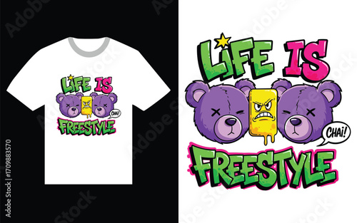 Life Is Freestyle T Shirt Design with Cartoon Characters