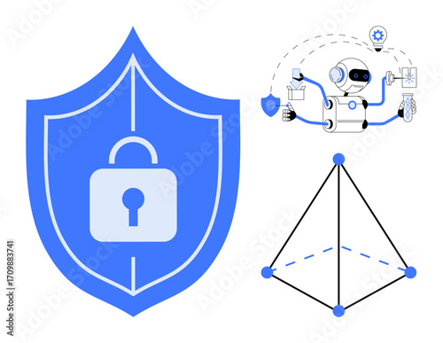 Shield with lock symbolizing cybersecurity, AI robot multitasking, and geometric network structure. Ideal for cybersecurity, AI development, blockchain, tech innovation, data protection, internet