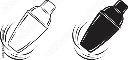 Cocktail shaker icon set, black and white mixology symbols, motion lines, bartending tools, beverage preparation, stylized graphic, minimal illustration