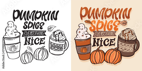 Pumpkin spice - trendy hand drawn doodle lettering quote. Lettering for t-shirt design, mug print, bag print, clothes fashion. 100% hand drawn vector image.