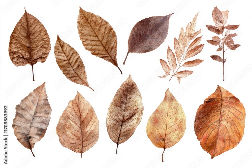 Obraz premium Dried leaves in various shades of brown and tan, isolated on white