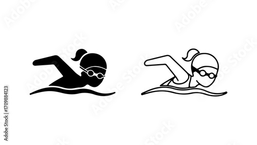 Black and white vector icons of a girl swimming freestyle.