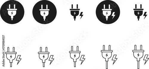 Electric plug and lightning bolt icon set, black and white symbols, power connection, energy source, stylized graphic, minimal illustration pack