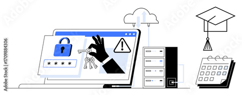 Hand with key accessing locked laptop screen with warning icon, cloud storage, servers, a calendar, and graduation cap. Ideal for cybersecurity, education, cloud security, data protection hacking