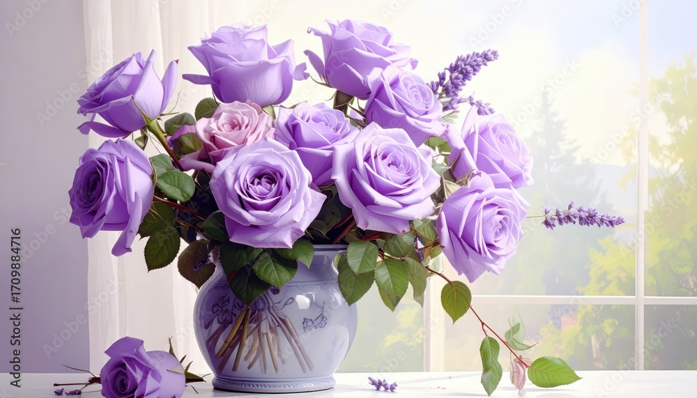 Obraz premium A delicate arrangement of vibrant lavender roses and sprigs of lavender, displayed in a textured vase, bathed in soft daylight, creates a serene and beautiful scene.