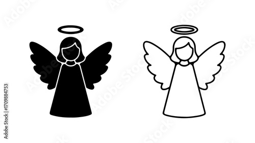 Black silhouette and white outline angel icons set.