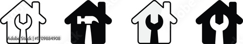 Home repair icon set, house with wrench and hammer, black white gray symbols, maintenance service, handyman tools, stylized graphic illustration