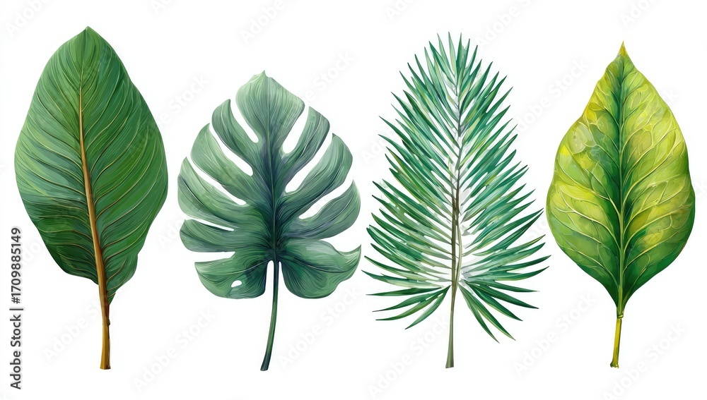 Obraz premium Four vibrant tropical leaves, various shapes and shades of green, isolated on a white background. Detailed illustration of plant life