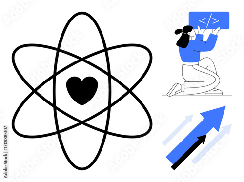 Atom symbol with heart, programmer writing code, upward trending arrows. Ideal for innovation, technology, creativity, growth, software development, education simple landing page
