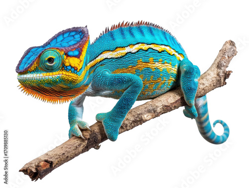 A vibrant chameleon perched gracefully on a branch against a stark black backdrop in vivid detail