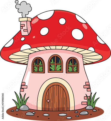 Mushroom house illustration, cartoon-style fantasy home, red cap roof, fairy-tale cottage, whimsical architecture, colorful foliage, stylized graphic artwork