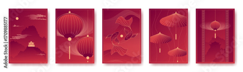 Chinese gradient poster set with lanterns, pagoda on mountain, koi fish and paper umbrellas on red background for festival design. Oriental art cards with gold line elements and traditional symbols.