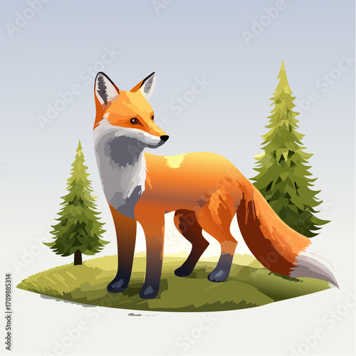 3D Fuchs, stehend auf Waldlichtung, Sonnenstrahlen durch Bäume, realistische Texturen, fotorealistisch