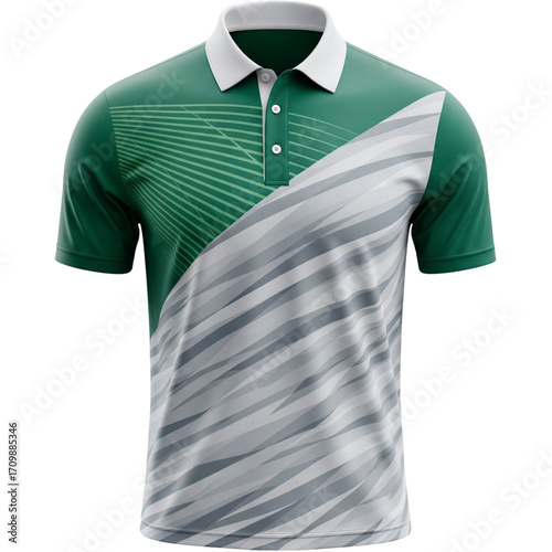 Men's Green White Grey Sublimated Polo Shirt with Abstract Diagonal Stripes and Radiating Lines Geometric Pattern Sportswear