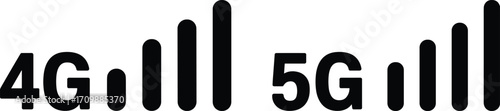 4G vs 5G signal icon set, mobile network comparison, black and white bars, connectivity strength, telecom upgrade, stylized graphic illustration