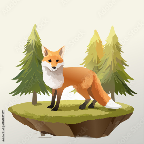 3D Fuchs, stehend auf Waldlichtung, Sonnenstrahlen durch Bäume, realistische Texturen, fotorealistisch