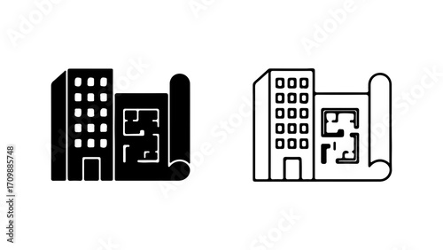 Building with Architectural Blueprint Vector Icon Set.