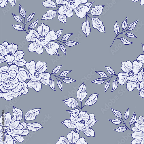Hand Drawn Rose and Aster Flower Seamless Pattern