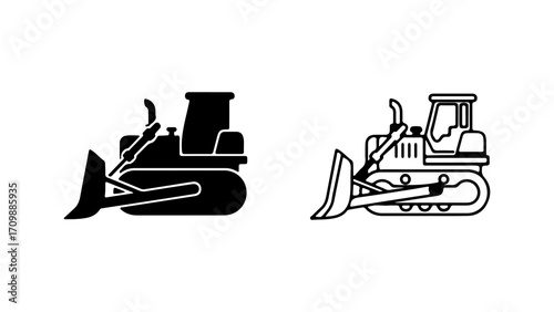 Bulldozer construction vehicle icon set silhouette and outline.