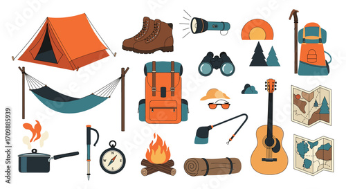 A collection of camping and outdoor adventure equipment is depicted in pixel art.