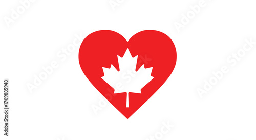 A red heart with a white maple leaf inside on a white background representing love for Canada.
