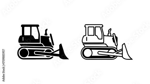 Bulldozer heavy equipment vector icon set silhouette and outline.