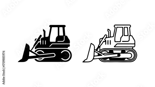 Bulldozer heavy machinery icons silhouette and line art style.