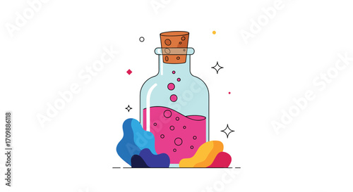 A magical potion brewing with colorful stones and sparkling effects.