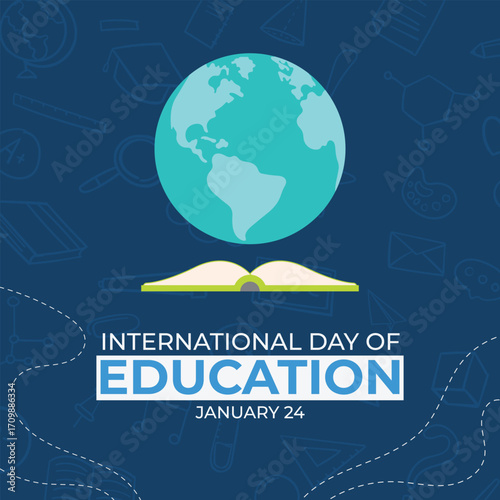 Happy International Education Day January 24th banner illustration on blue background