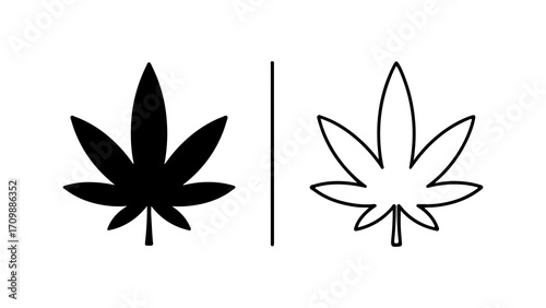 Cannabis leaf illustration with solid and outline versions for design.