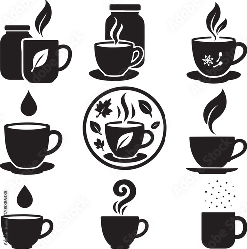 Hot Beverage and Tea Cup Icons with Steam and Water Symbols