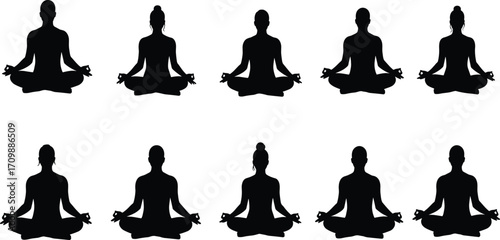 Meditation silhouette sequence, yoga lotus pose illustration, mindfulness practice design, spiritual wellness concept, inner peace relaxation reference, mental health balance art