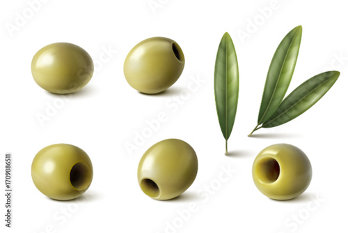Pitted olives and green leaves set isolated on white background. Vector realistic illustration of organic harvest for food, oil and cosmetics production, healthy nutrition, natural vitamin fruit