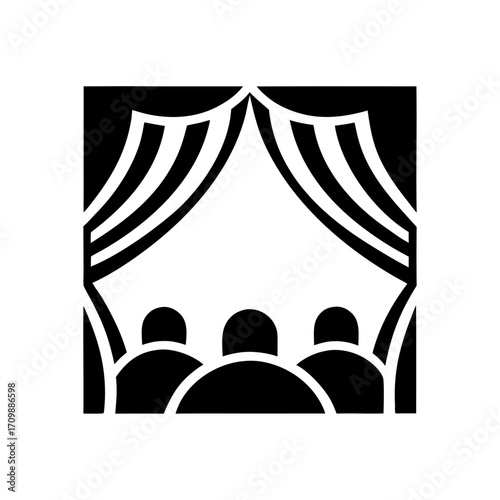 Minimalist icon of a stage curtain, slightly open, symbolizing the beginning or end of a play.