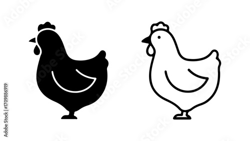 Chicken Silhouette and Outline Farm Animal Icon Set 1.