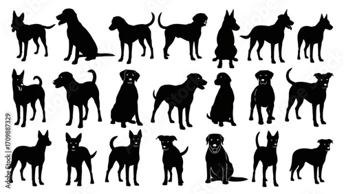 High-Quality Black Silhouette Icon Set – Dog Illustrations, Various Breeds, Poses, and Vector Designs