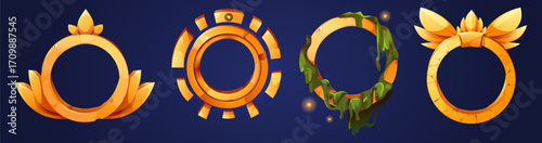 Golden ring frames set isolated on background. Vector cartoon illustration of yellow avatar borders decorated with gemstone, metal wings, green slime, medieval user interface, game level award symbol