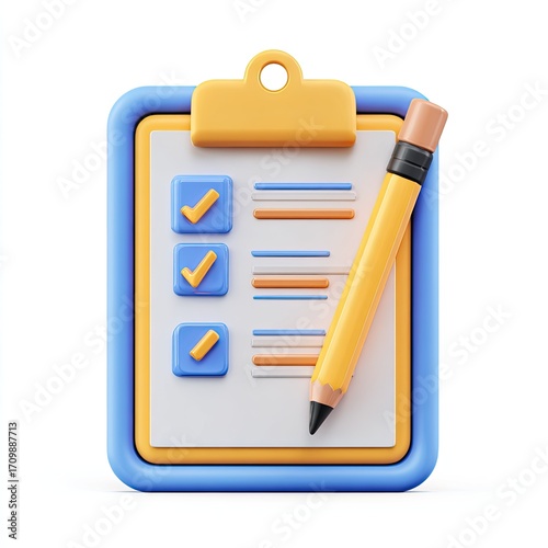 3D rendering of a clipboard with a checklist and pencil
