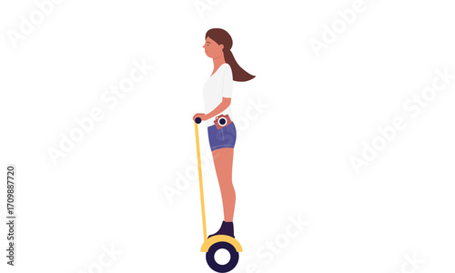 Side profile view of a young woman in casual attire riding a modern electric unicycle. Concept of personal urban mobility and eco-friendly transportation