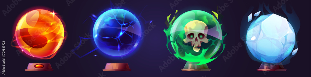 Fototapeta premium Magic crystal balls set isolated on background. Vector cartoon illustration of spooky fortunetelling spheres decorated with fire, lightning bolts, human skull, ice, fantasy witchcraft game assets