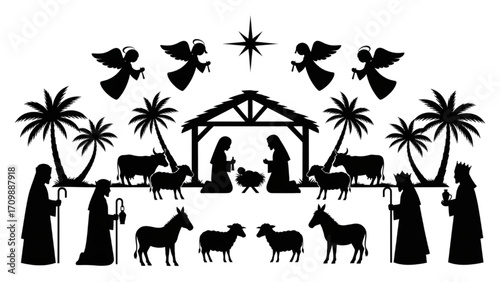 Nativity Scene with Mary, Joseph, Baby Jesus, Angels, Shepherds, Wise Men, and Star