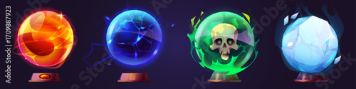 Magic crystal balls set isolated on background. Vector cartoon illustration of spooky fortunetelling spheres decorated with fire, lightning bolts, human skull, ice, fantasy witchcraft game assets