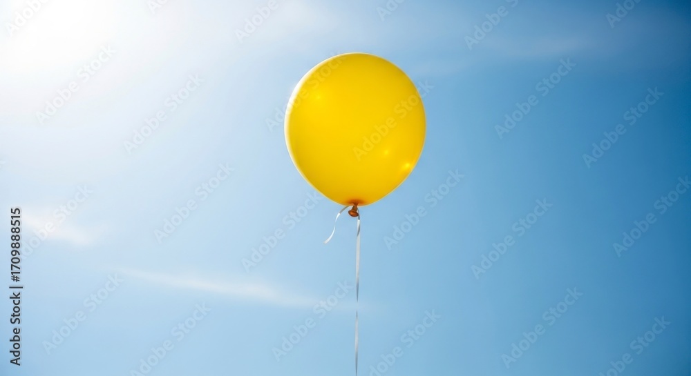 Obraz premium A Solitary Yellow Balloon Ascends into a Sun-Kissed Blue Sky with Lens Flare.