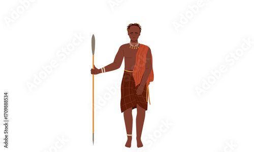 Full shot of a man in traditional African attire, holding a spear.