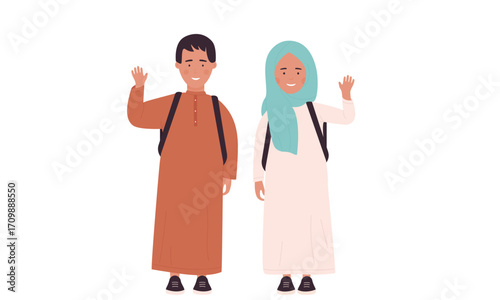 Two Muslim children waving, wearing traditional clothes and backpacks.