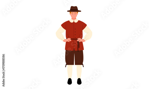 A man dressed in historical colonial attire, standing with hands on hips.