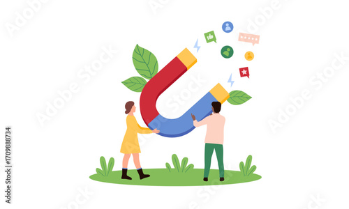 Two people holding a large magnet attracting various social media icons, symbolizing social media engagement and marketing.