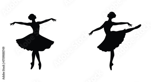 Elegant ballet dancers in silhouette performing graceful poses on white background