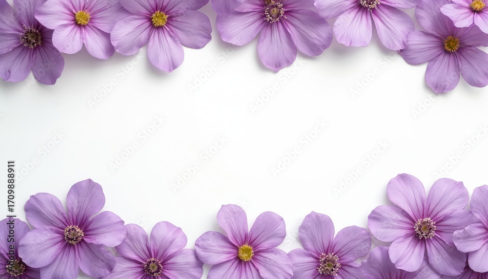 Obraz premium Floral frame with delicate purple flowers on a clean white background. Botanical, natural, springtime, blooming blossoms create fresh, elegant, romantic ornamental design for cards and invitations.
